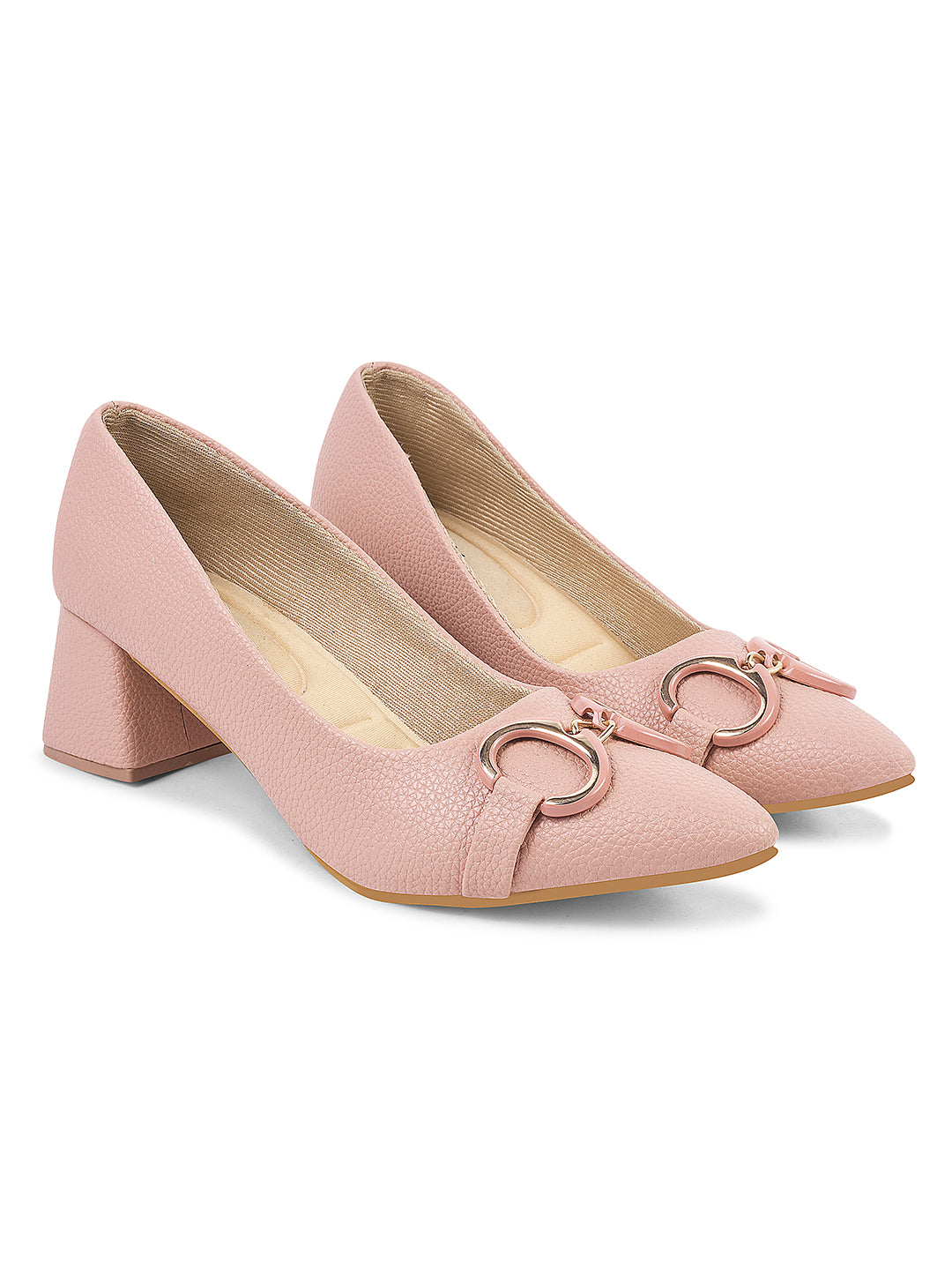 women's block heel pumps featuring a pointed toe and a decorative buckle embellishment
 Peach