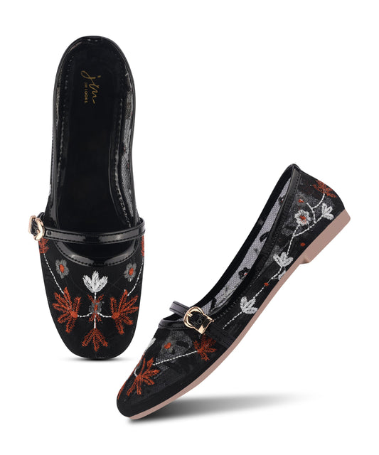 Women Black Floral Hand-Embroidered Mesh Jutti Flats with Mary Jane Buckle Strap