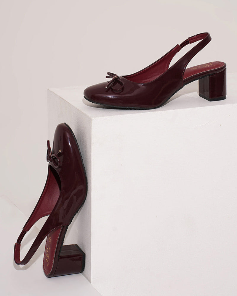 Slingback Glossy Block Heels With Bow - 17