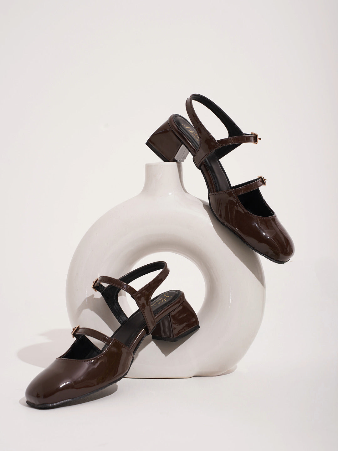 Block heels for women in brown patent square toe double buckle strap slingback party wear sandals
