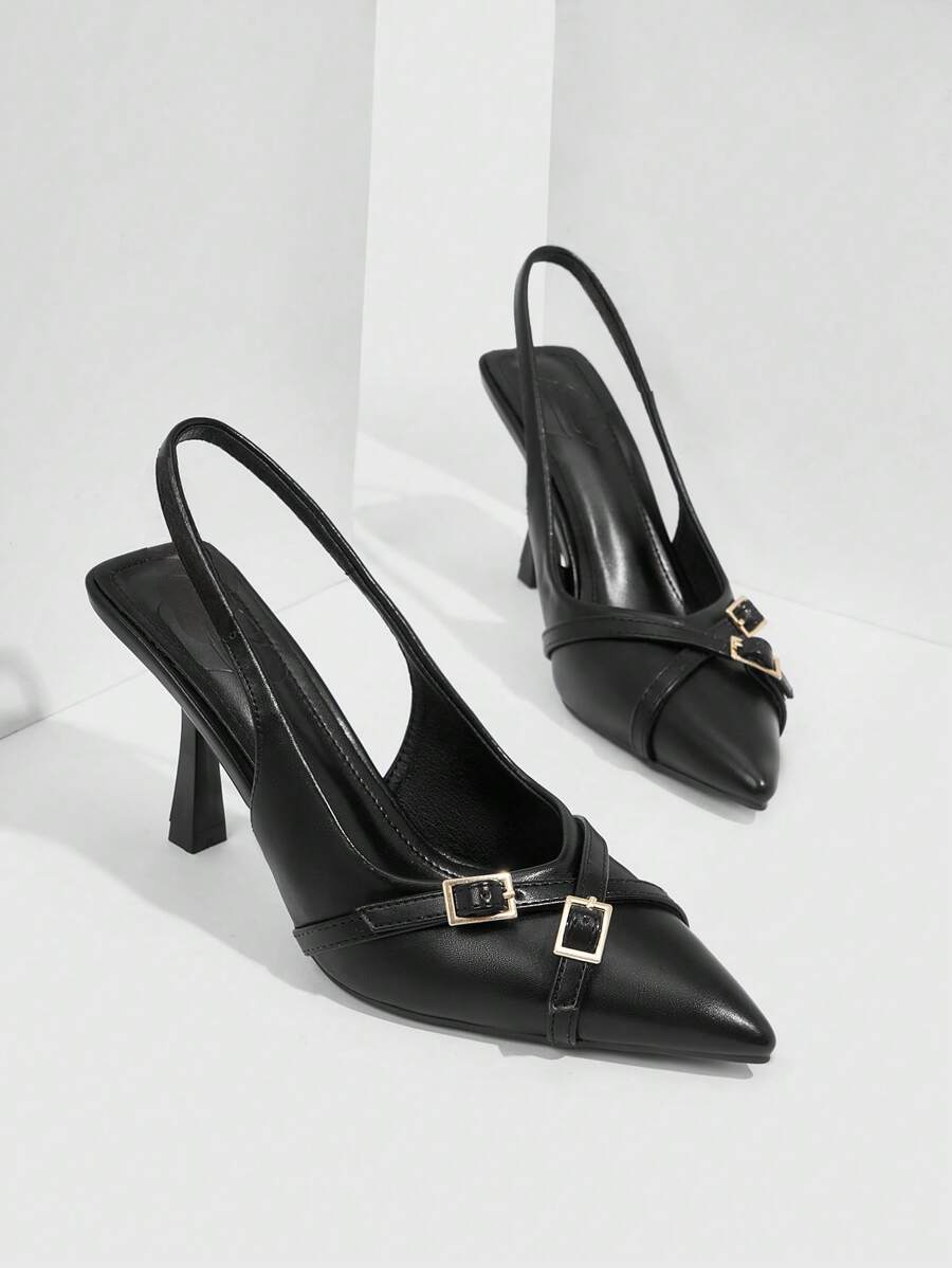 Belt Buckle Detail Slingback Stiletto Pointed Toe Heel