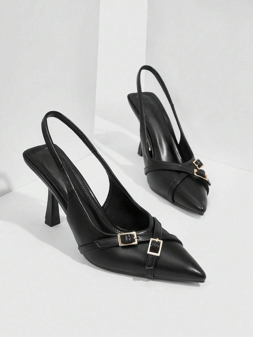 A pointed-toe slingback heel with strap and buckle details on the vamp and an adjustable strap
 Black