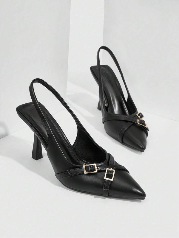 A pointed-toe slingback heel with strap and buckle details on the vamp and an adjustable strap
 Black