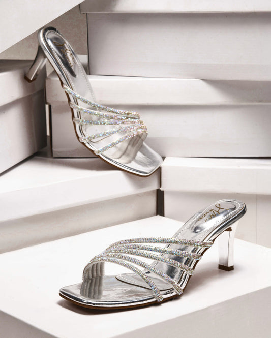 JM Looks heeled sandals with multiple embellished straps and a square toe
 Silver