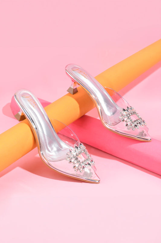 JM LOOKS Rhinestone Transparent Low Heels Sandals| Shop Now!  Silver