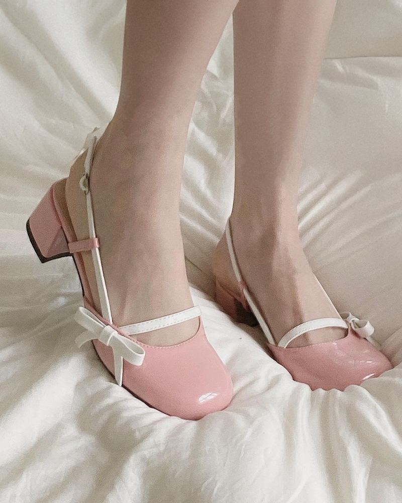 Glossy Buckle Strap Mary Jane Heels with Bow Detail - 1