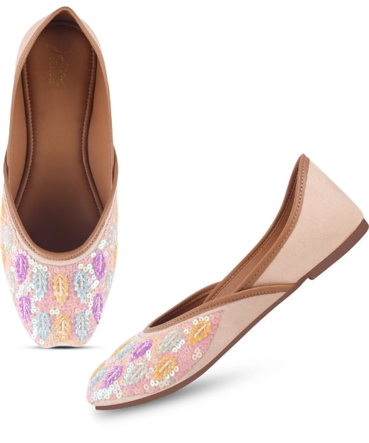 Women Peach Handcrafted Multicolour Petals Ethnic Embellished Mojari Jutti Flats with Cushion