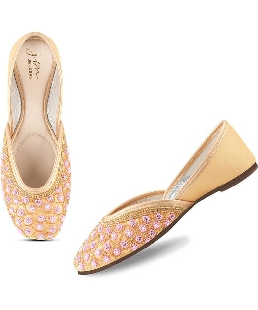 Women Golden Square Toe Handcrafted Embellished Ethnic Punjabi Jutti, petal design