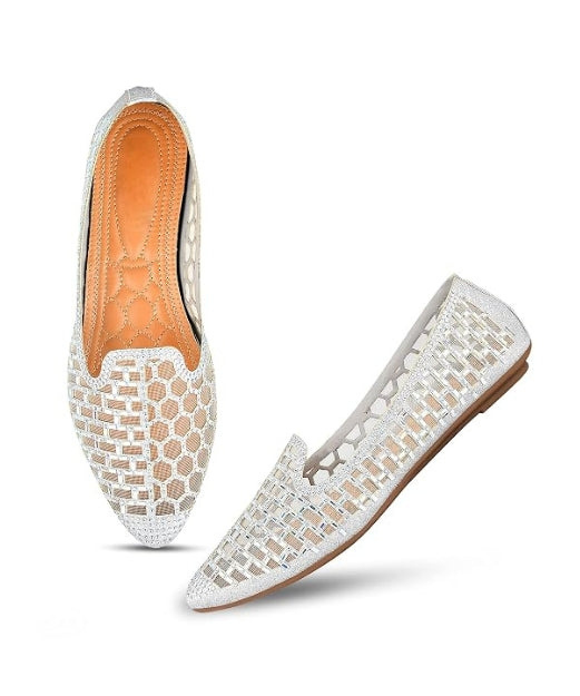 Silver Embellished Stylish Slip-On Shimmering Pointed-Toe Ballerinas Flats for Women & Girls