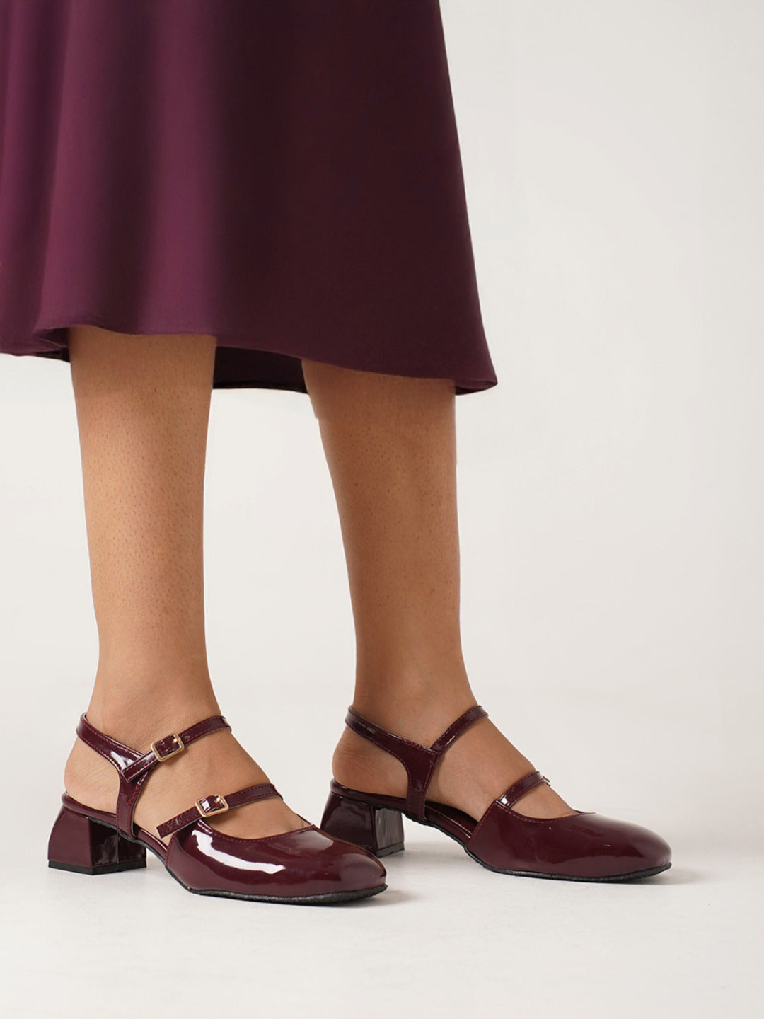 Block heels for women in maroon patent square toe double buckle strap slingback party wear sandals