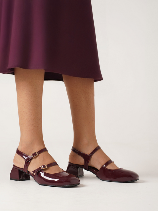 Jm Looks patent Mary Jane block heels with dual buckled straps
 Cherry