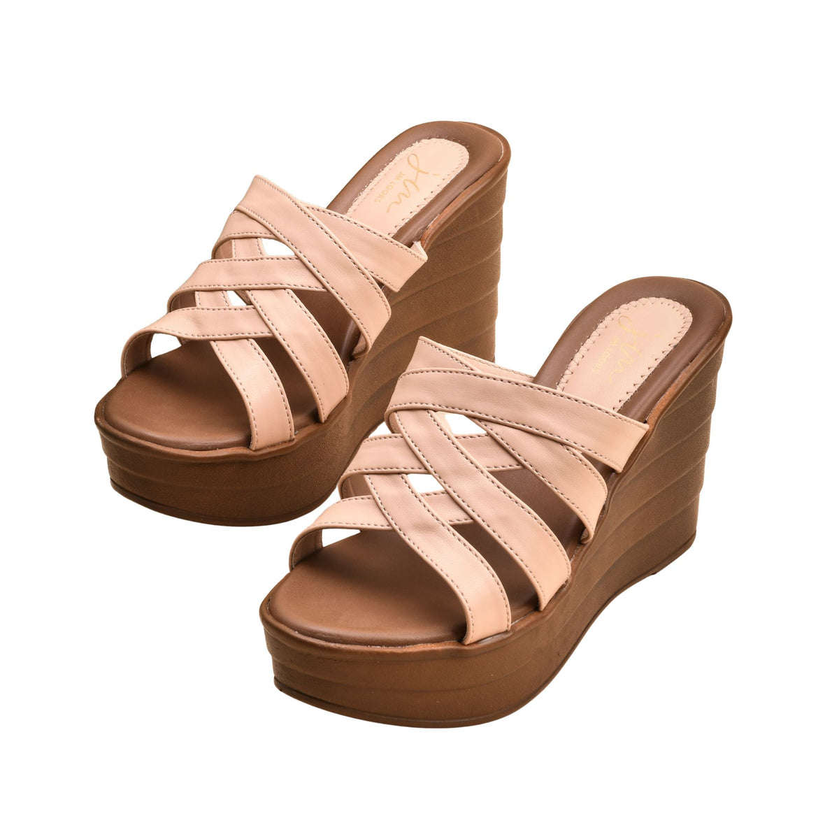Nude strappy crisscross platform wedge heels for women with brown sole and slip-on open-toe design.