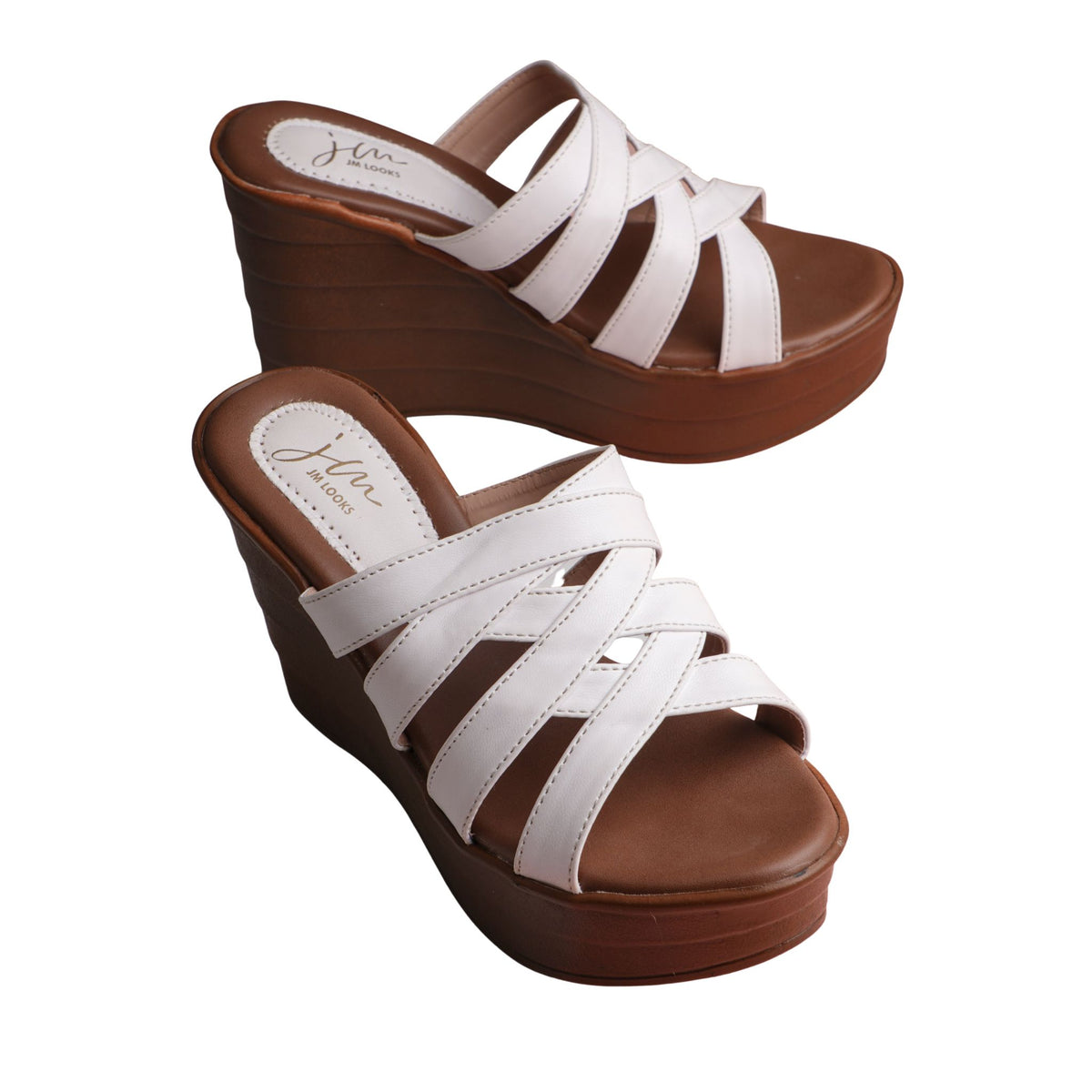 White strappy crisscross platform wedge heels for women with brown sole and slip-on open-toe design.