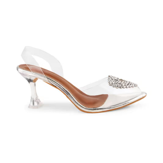 Transparent heels for women featuring crystal embellished straps clear flared heel and pointed toe slip-on design Silver