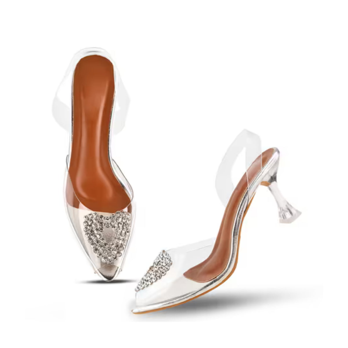 Transparent heels for women featuring crystal embellished straps clear flared heel and pointed toe slip-on design Silver