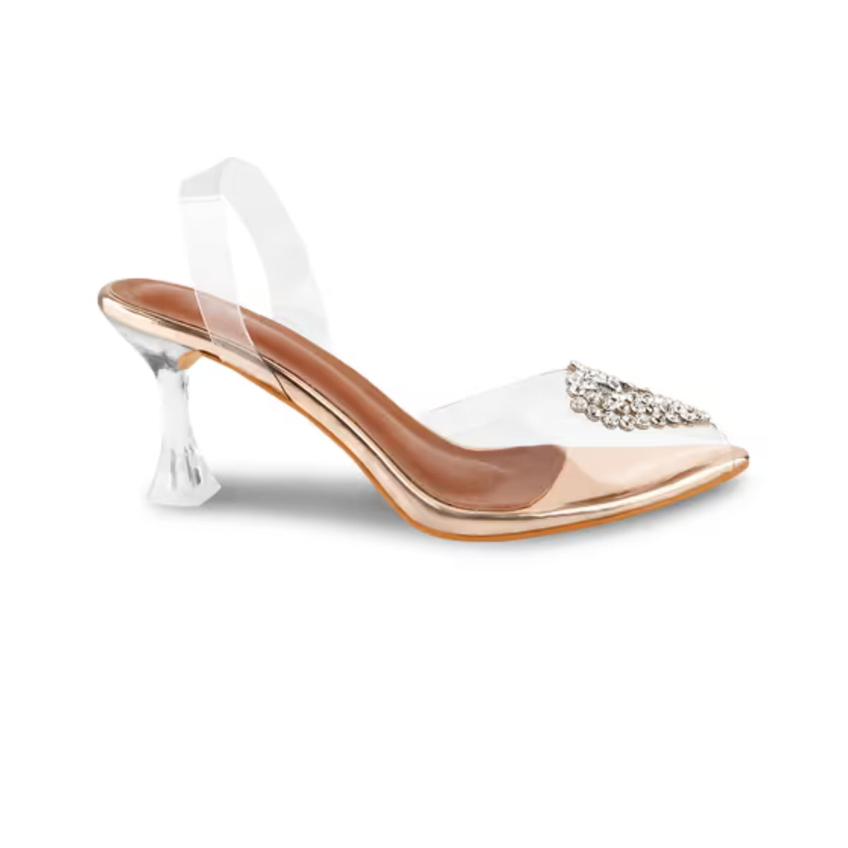 Transparent heels for women featuring crystal embellished straps clear flared heel and pointed toe slip-on design Golden