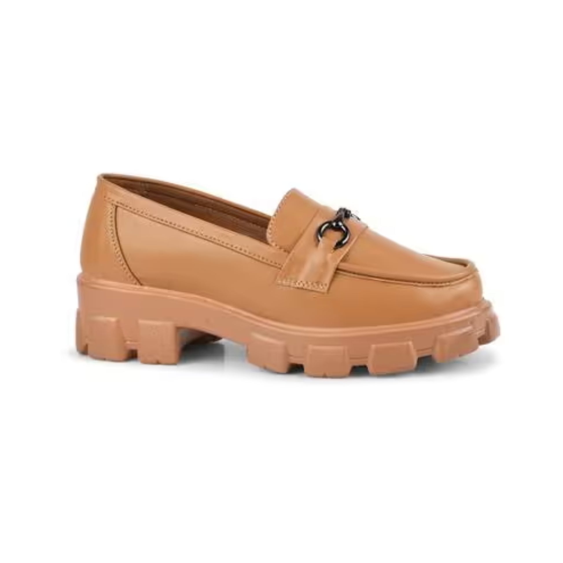 Tan buckled horsebit chunky loafers heels for women