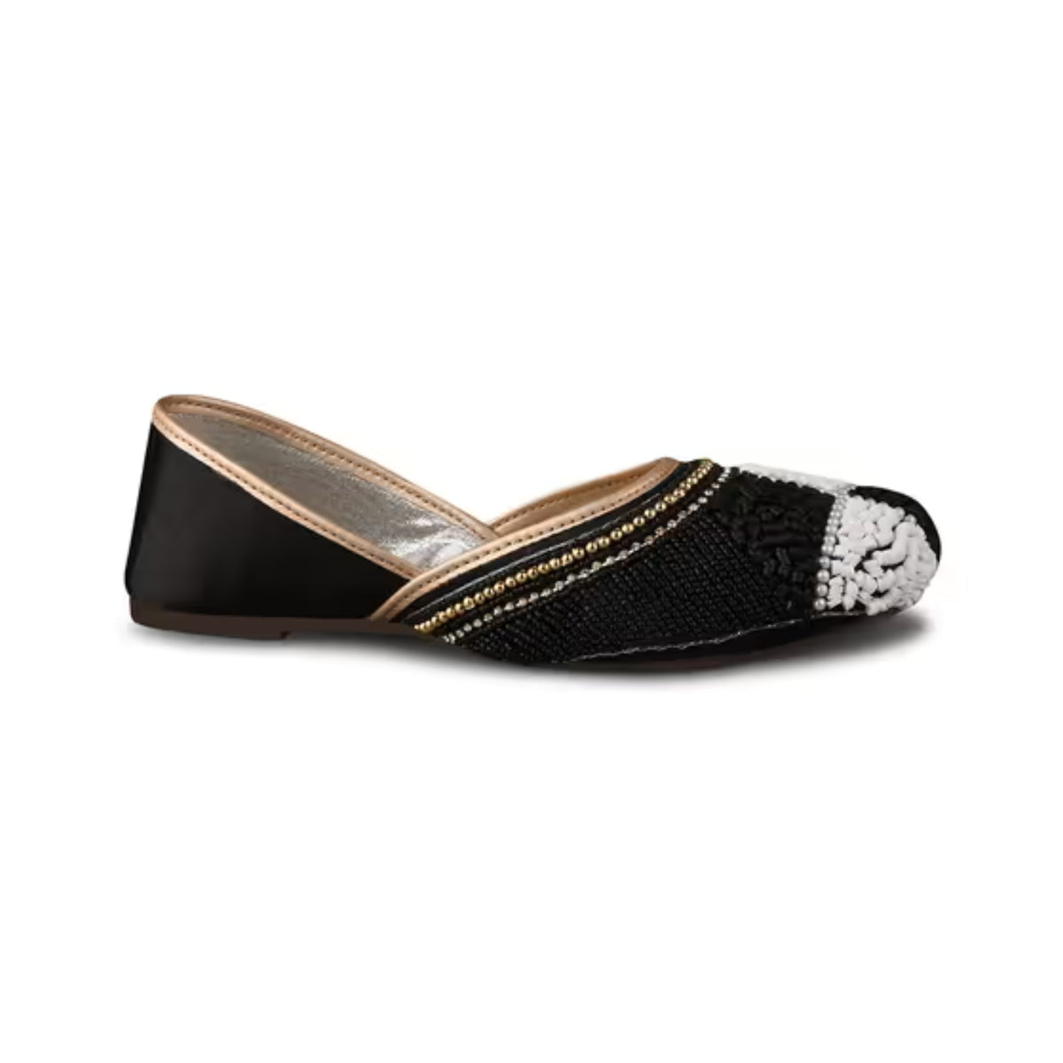 Women  Black Ethnic Embellished Square Toe checkered pattern Stone Work & beads work juttis