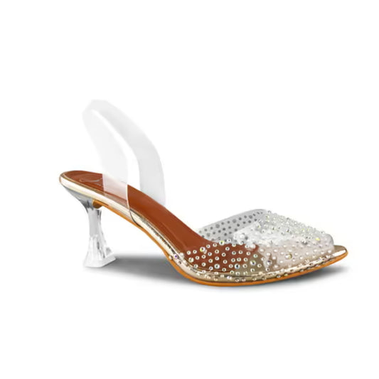 Transparent rhinestone block heels for women, clear peep toe slingback sandals with sparkling crystal stone embellishment Gold