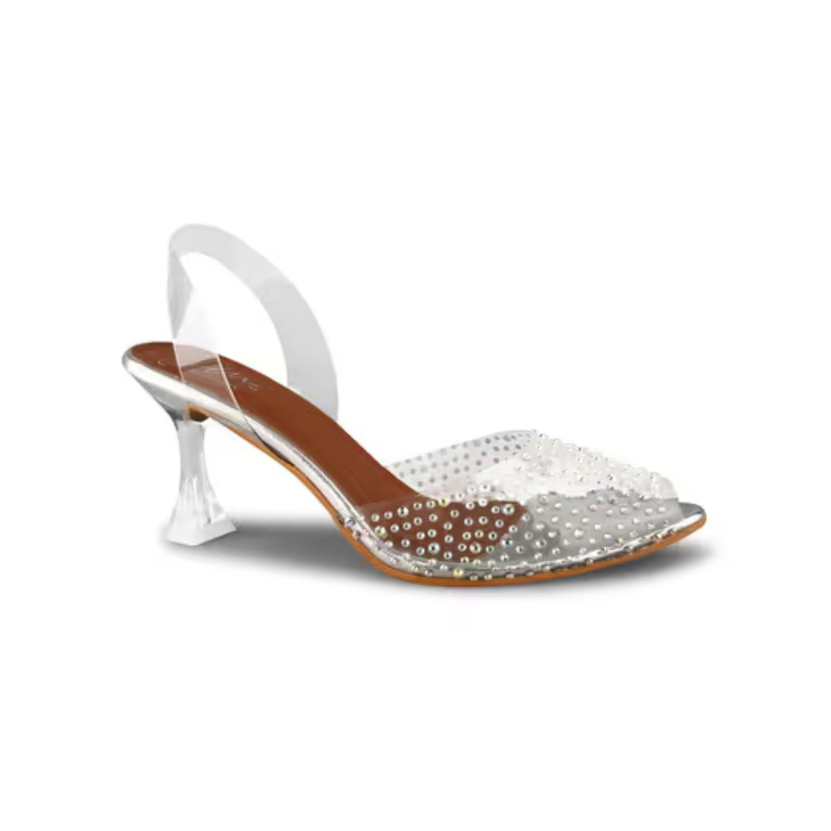 Transparent rhinestone block heels for women, clear peep toe slingback sandals with sparkling crystal stone embellishment Silver