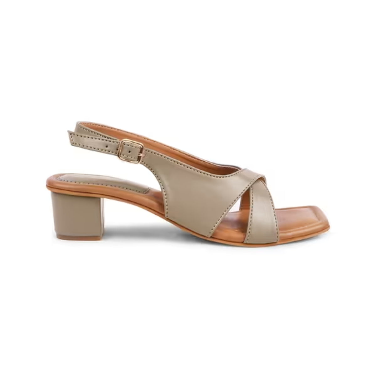 Women's beige criss-cross block heel sandals with ankle strap and adjustable buckle