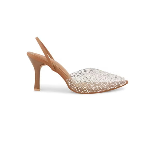 pointed toe slingback heels adorned with sparkling embellishments
 Tan