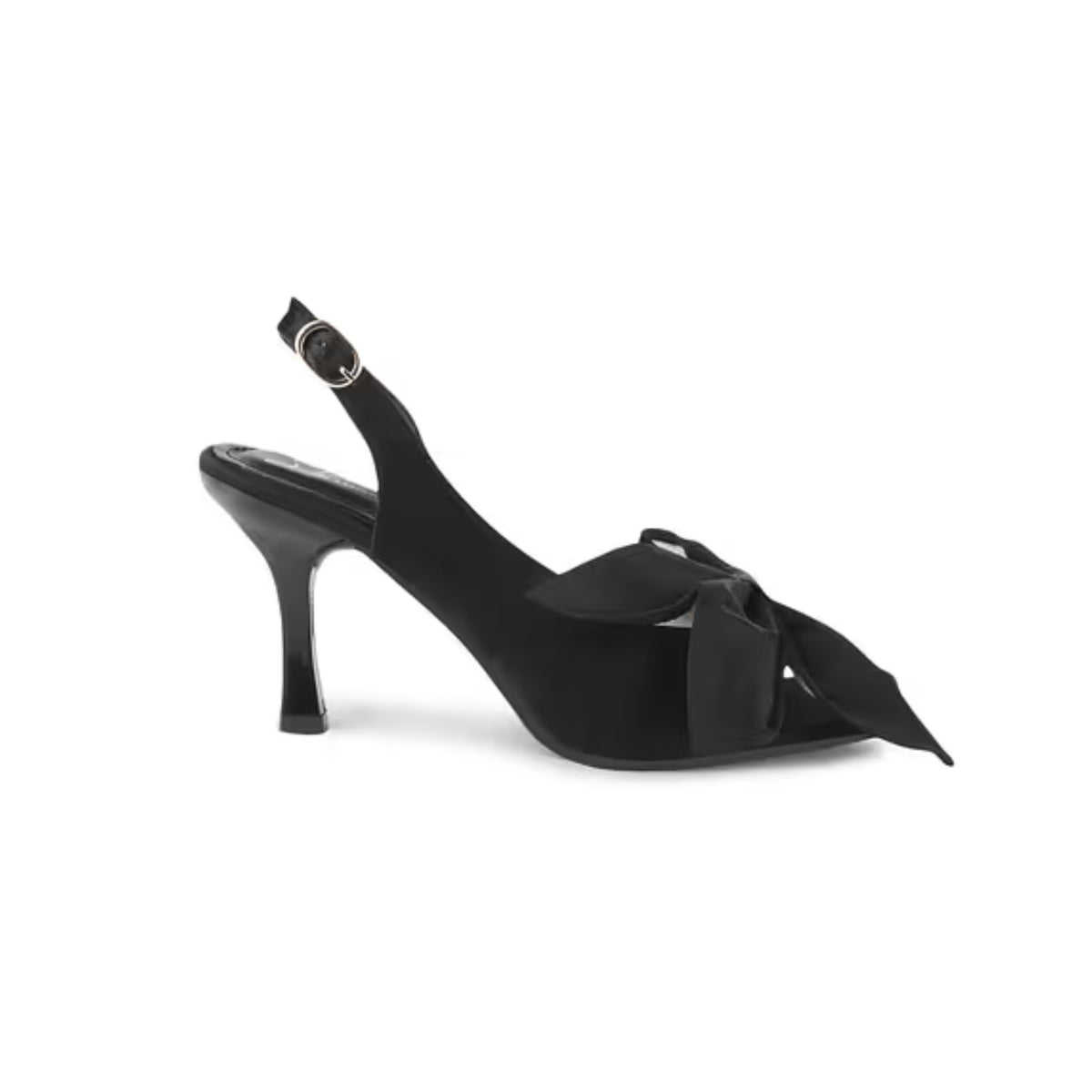 elegant heels featuring a large bow detail on the front and an ankle strap
 Black