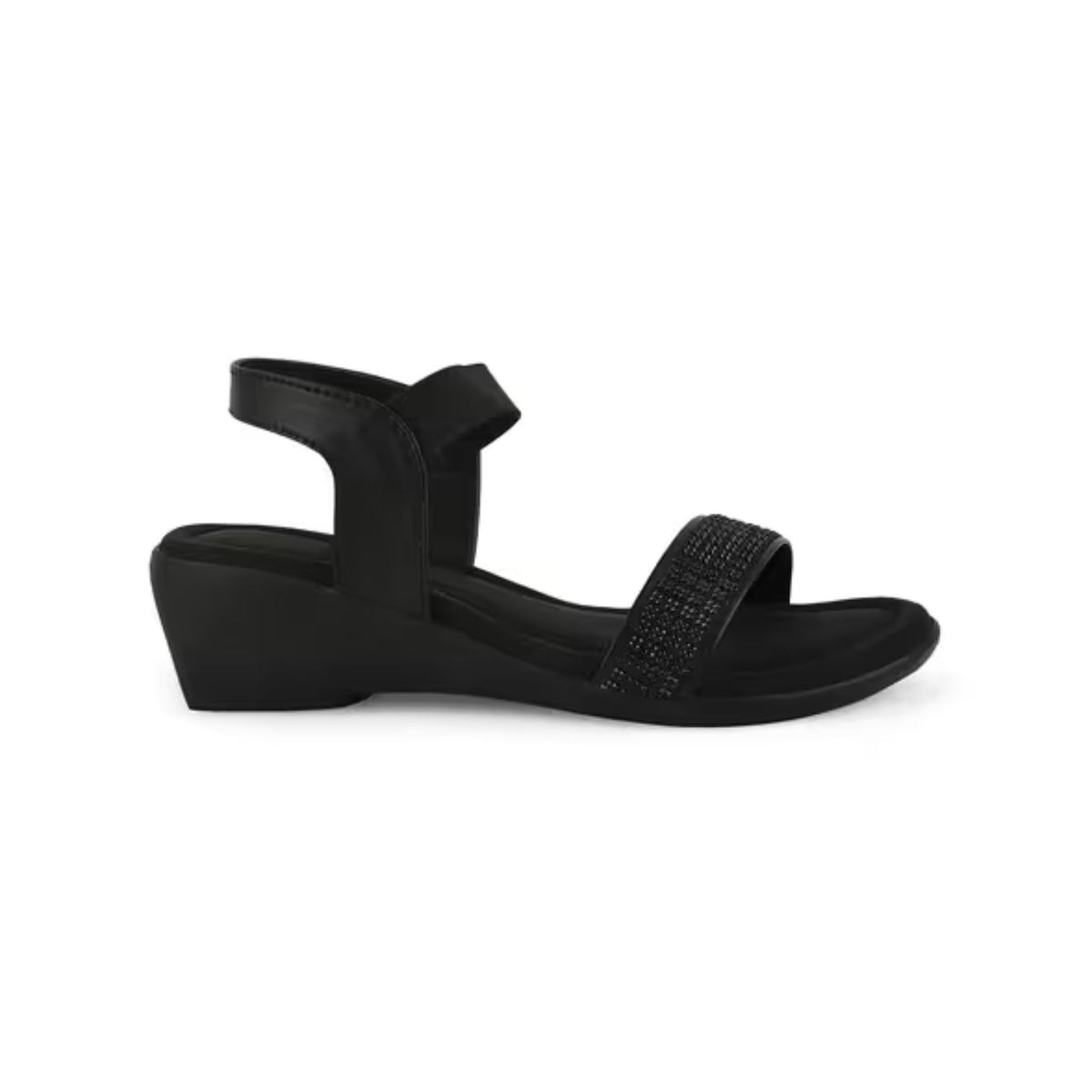 Black embellished wedge sandals for women with elastic ankle
