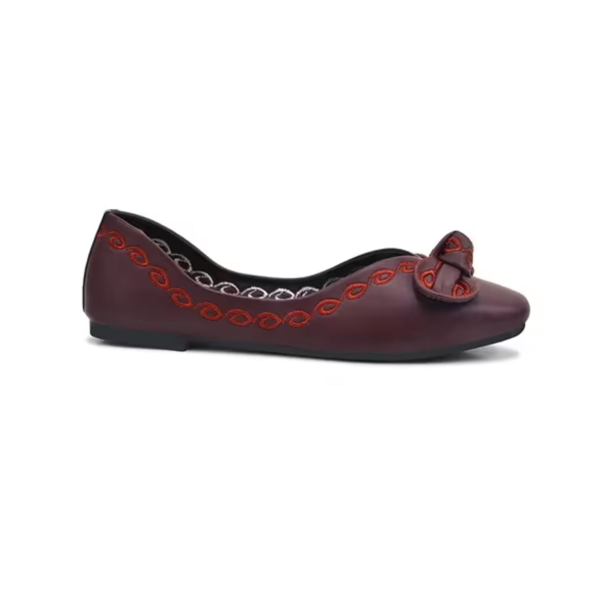 Ballet flats with embroidery in cherry, bow detail on toe, swirl thread work, cushioned round-toe design