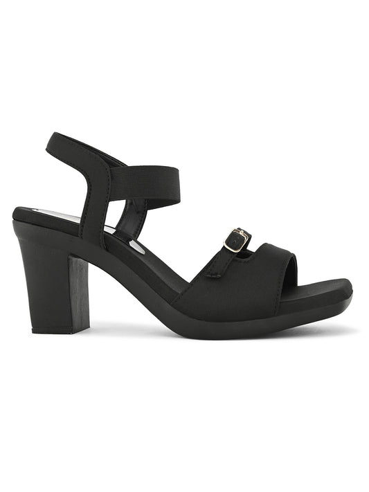 Women's black square open-toe block heel sandals with elastic ankle strap