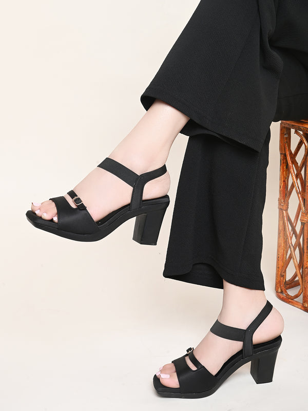 Women's black square open-toe block heel sandals with elastic ankle strap