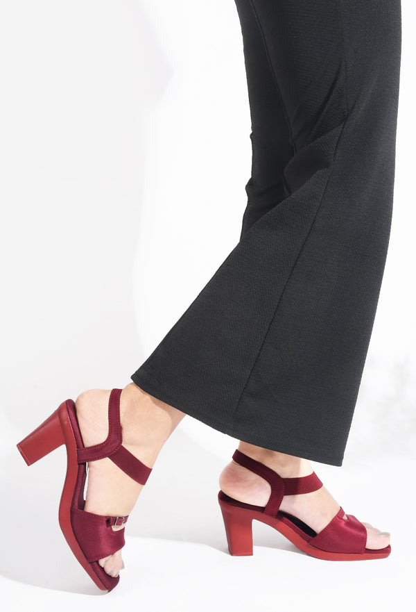Women's red cherry square open-toe block heel sandals with elastic ankle strap