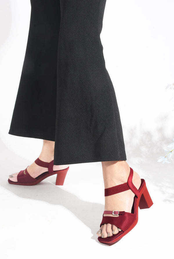 Women's red cherry square open-toe block heel sandals with elastic ankle strap