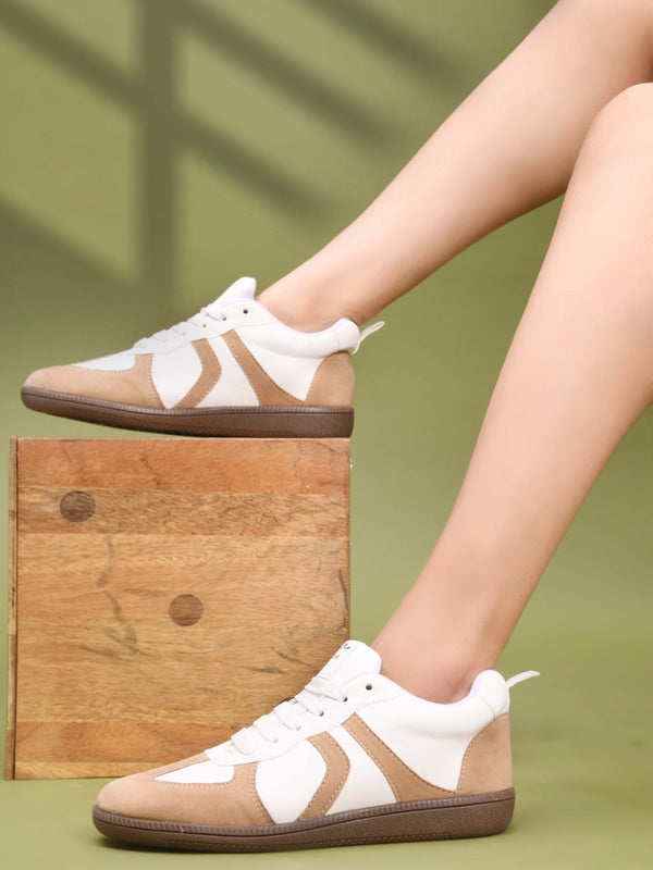White-Beige Colorblock Trainer Sneakers for Women lace-up suede panel casual stylish shoes