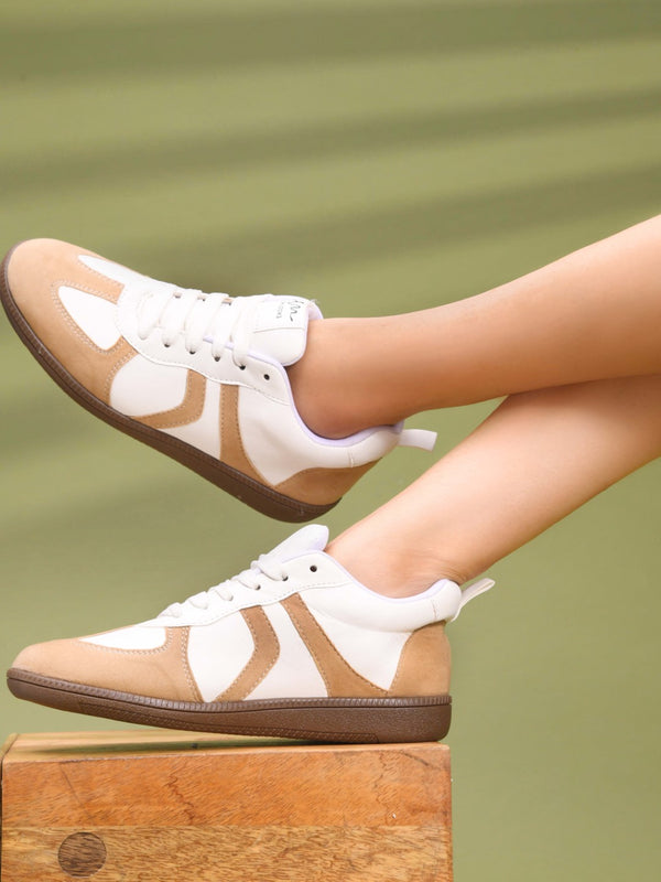 White-Beige Colorblock Trainer Sneakers for Women lace-up suede panel casual stylish shoes
