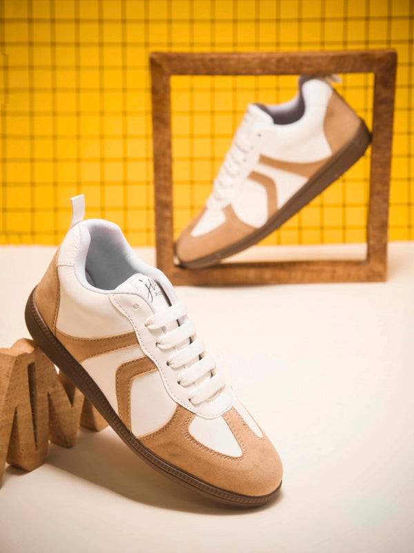 White-Beige Colorblock Trainer Sneakers for Women lace-up suede panel casual stylish shoes