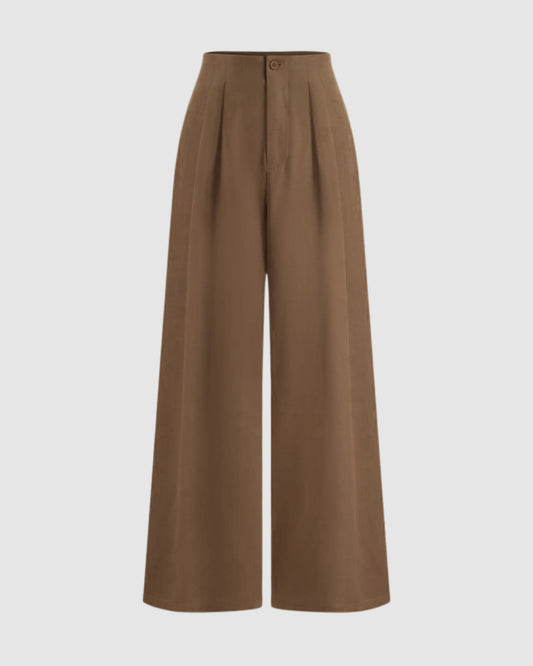 Wide leg trousers in brown with high waist, front pleats, and single button closure for women