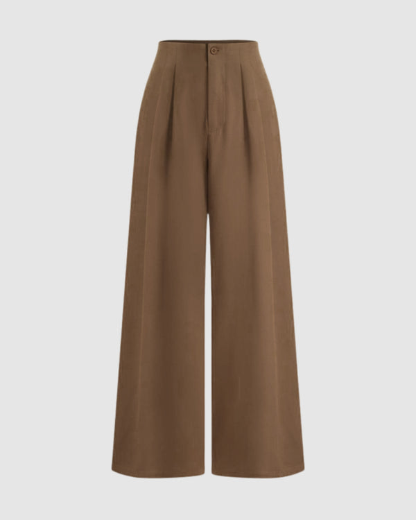 Wide leg trousers in brown with high waist, front pleats, and single button closure for women