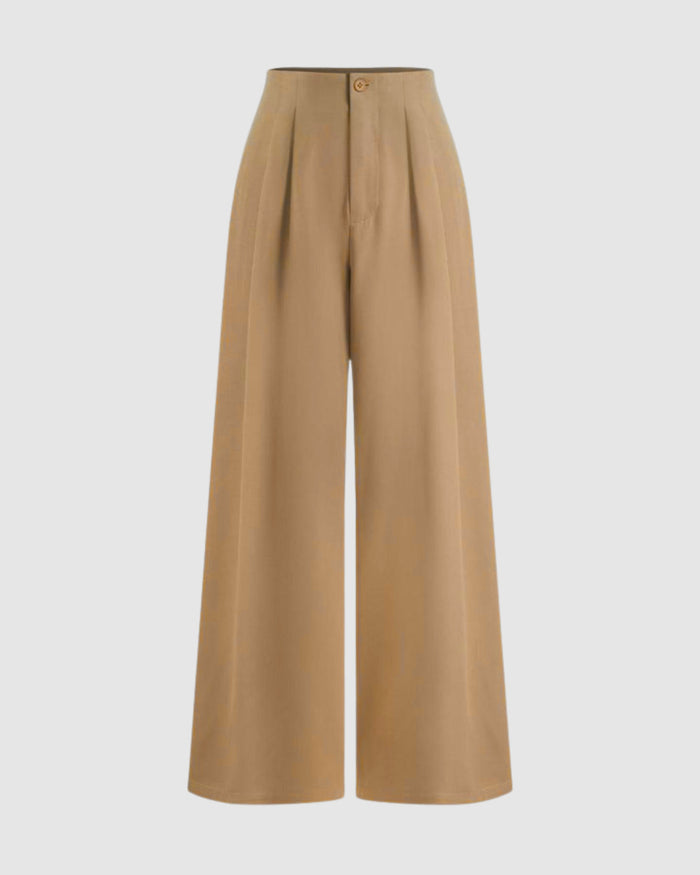 Wide leg trousers in beige with high waist, front pleats, and single button closure for women