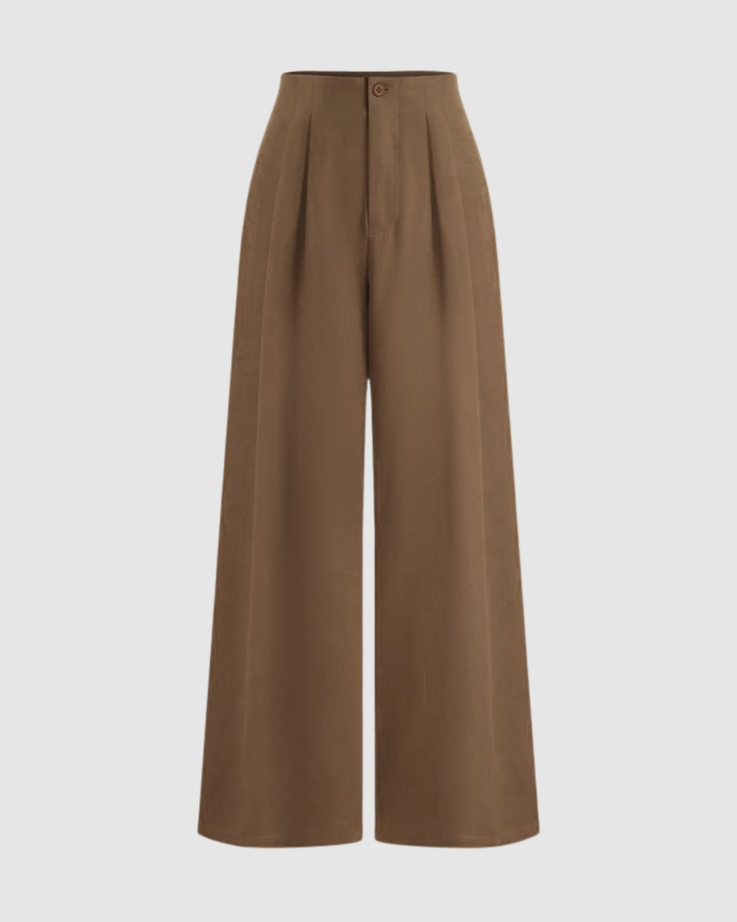 Wide leg pleated trousers in brown, high waisted with button closure, soft front pleats, flowy drape