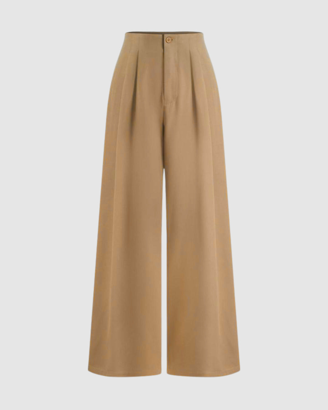 Wide leg pleated trousers in beige, high waisted with button closure, soft front pleats, flowy drape