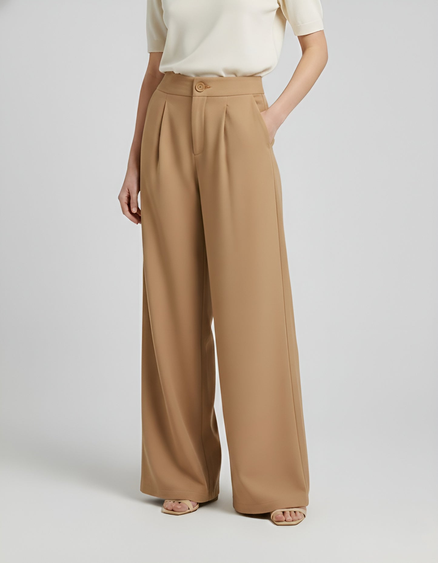 Wide leg pleated trousers in beige, high waisted with button closure, soft front pleats, flowy drape