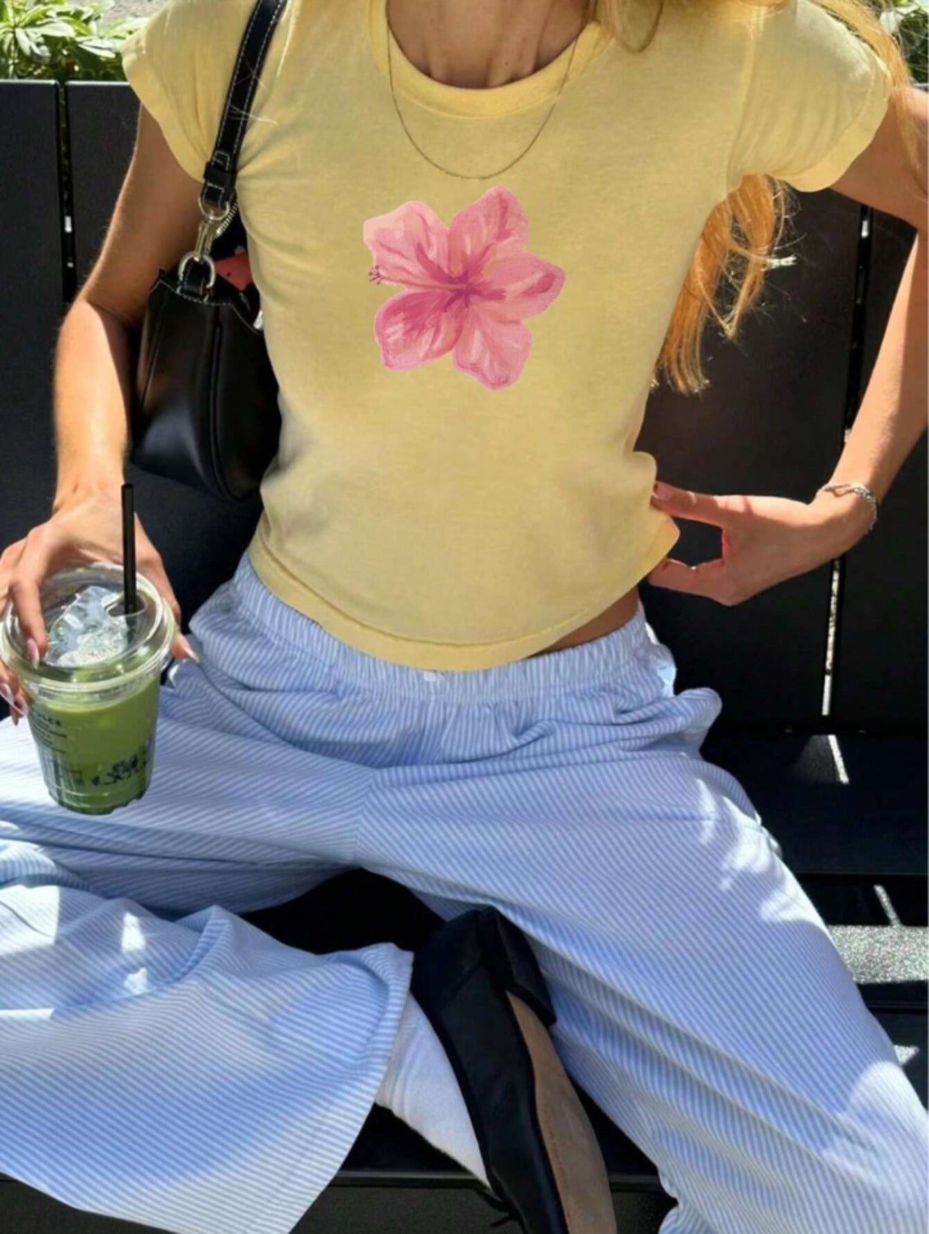 Floral crop top round neck short sleeve fitted yellow tee with pink hibiscus flower print