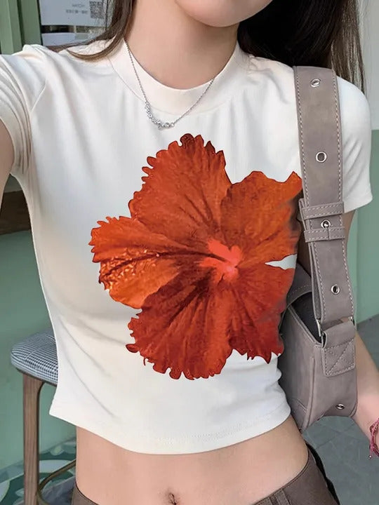 Floral crop top round neck short sleeve fitted white tee with orange hibiscus flower print