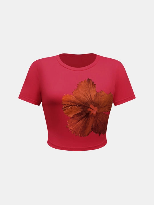 Floral crop top round neck short sleeve fitted red tee with orange hibiscus flower print