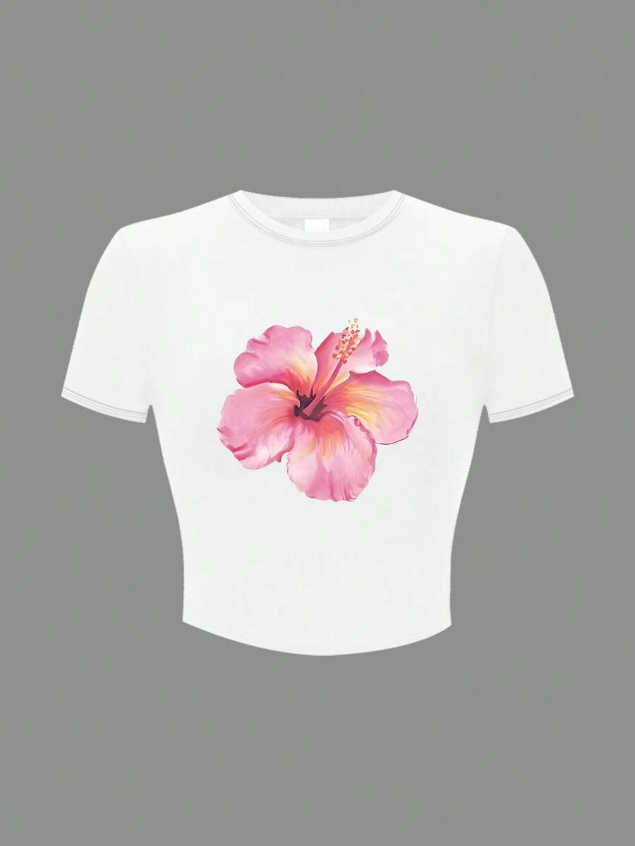 Floral crop top round neck short sleeve fitted white tee with pink hibiscus flower print