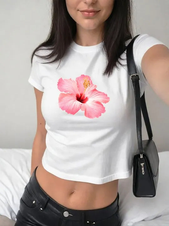 Floral crop top round neck short sleeve fitted white tee with pink hibiscus flower print