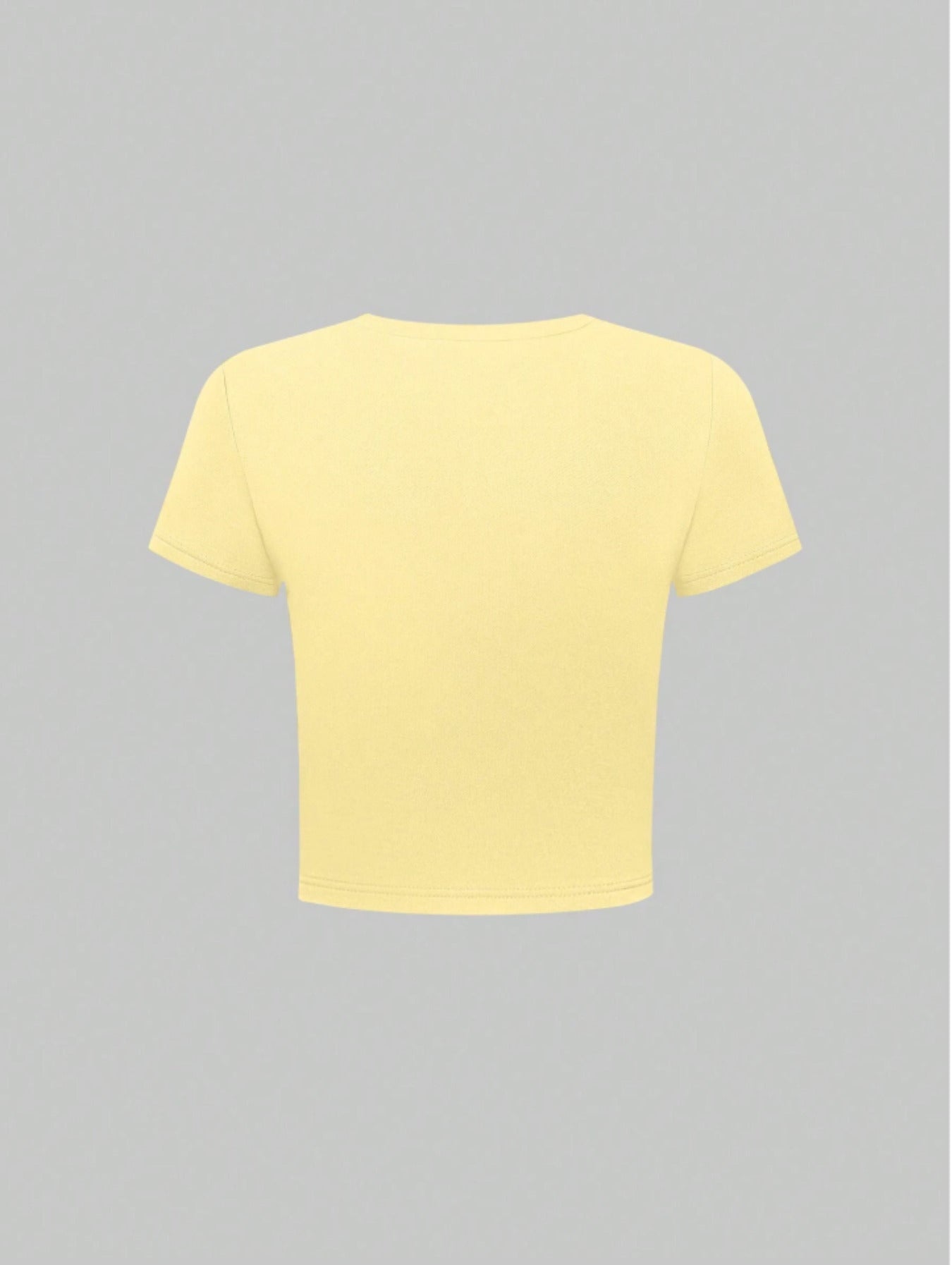 Floral crop top round neck short sleeve fitted yellow tee with pink hibiscus flower print