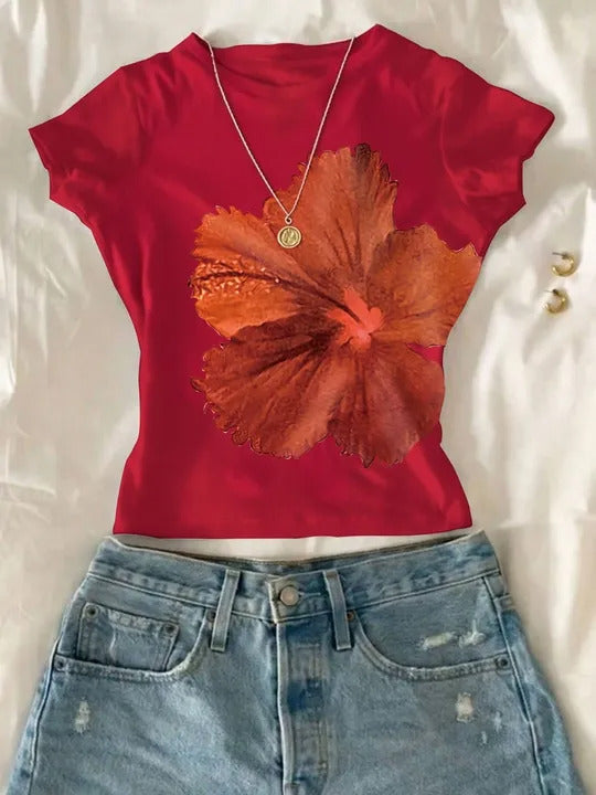 Floral crop top round neck short sleeve fitted red tee with orange hibiscus flower print