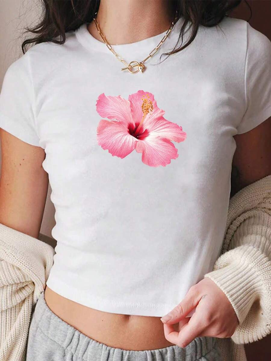 Floral crop top round neck short sleeve fitted white tee with pink hibiscus flower print